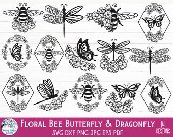 Floral Bee Butterfly Dragonfly SVG Bundle, Summer Bee with Flowers, Dragonfly with Flowers, Floral Butterfly PNG Vinyl Decal File for Cricut
