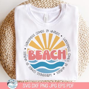 Strand SVG-bestand voor Cricut, geluk komt in golven, inspirerende zomer oceaan zonsopgang shirt ontwerp afdrukbare PNG JPG, vakantie vinyl gesneden bestand
