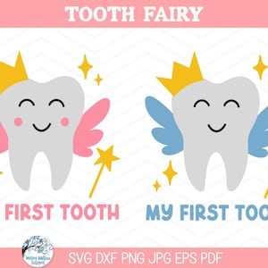 Ma première dent fichier SVG pour Cricut, princesse fille fée des dents avec baguette, garçon prince des fées des dents Clip Art PNG, sac pochette à dent mignon, fichier coupé