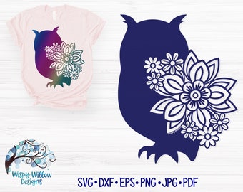 Sowa Mandala SVG, Sowa z Kwiatami dla Cricut, Mandala Zwierzęca Svg, Zwierzęca Zentangle Naklejka Winylowa Wytnij Plik do Pobrania