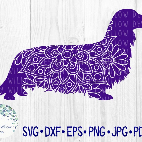 Long Haired Dachshund Dog Mandala SVG, Weiner Dog Vinyl Decal File for Cricut, Animal Mandala, Pet Lover, Small Dog Silhouette Download PNG