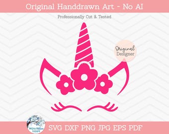 Unicorn SVG with Flowers for Cricut, Simple Unicorn Face Silhouette Decal File for Silhouette, Pretty Unicorn Clipart, Girl Decal File Png
