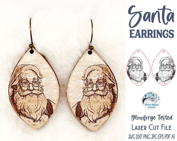 Santa Claus Earring SVG File for Glowforge or Laser Cutter, Engraved Santa Earrings for Christmas, Laser Cut Winter Holiday Earring File