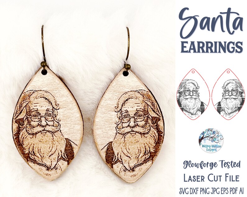 May include: A pair of wooden Santa earrings with a laser-cut design. The earrings are shaped like a teardrop and feature a detailed image of Santa Claus with a beard and glasses. The text "Santa Earrings" and "Glowforge Tested Laser Cut File" is visible in the image.