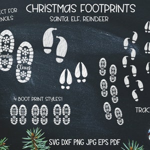 Empreinte de Noël SVG Bundle, Bottes du Père Noël, Chaussures d’elfe, Empreinte de patte de renne, Pistes de renne, Pieds d’elfe, Pochoirs de botte du Père Noël, Cricut