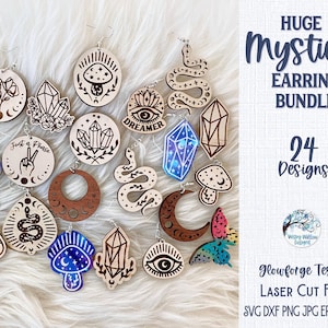 Huge Mystical Earrings Bundle, SVG File for Glowforge or Laser Cutter, Witchy Boho Crystal Earrings, Celestial Moon, Magical Mushroom AI DXF