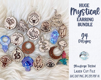 May include: A set of 24 laser cut earring designs featuring mystical and celestial themes. The designs include crystals, moons, snakes, mushrooms, eyes, and more. The earrings are made of wood and are perfect for adding a touch of whimsy to any outfit.