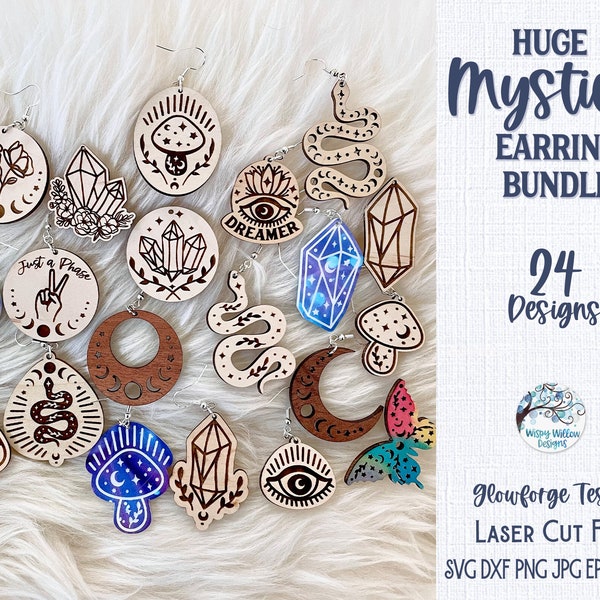 Huge Mystical Earrings Bundle, SVG File for Glowforge or Laser Cutter, Witchy Boho Crystal Earrings, Celestial Moon, Magical Mushroom AI DXF