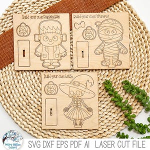 Halloween Monster Pop Out Stand Up Kits for Laser Cutter, Build Your Own DIY Fall Painting SVG Files, Frankenstein, Mummy, Witch Skeleton