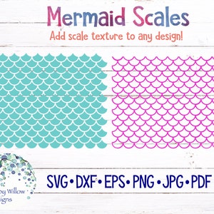 May include: A digital graphic design file featuring the text Mermaid Scales and Add scale texture to any design! with two repeating mermaid scale patterns, one in teal and one in magenta, and the file formats SVG, DXF, EPS, PNG, JPG, and PDF.