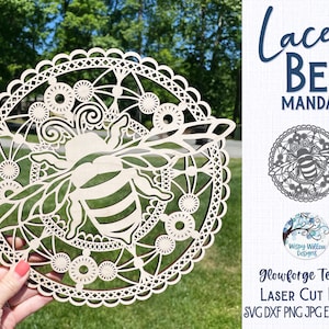 Mandala di api in pizzo per Glowforge o Laser Cutter SVG, decorazione da parete con animali estivi, ornamento da appendere in legno Mandala Laser File, intricato, AI, Dxf