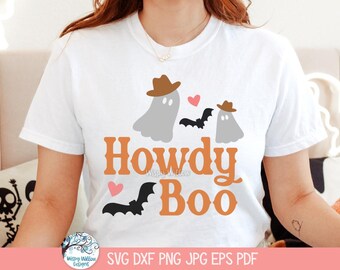 Howdy Boo SVG para Cricut, divertido diseño de camiseta de fantasma con sombrero de vaquero de Halloween JPG, archivo PNG imprimible para vacaciones de otoño en el oeste campestre