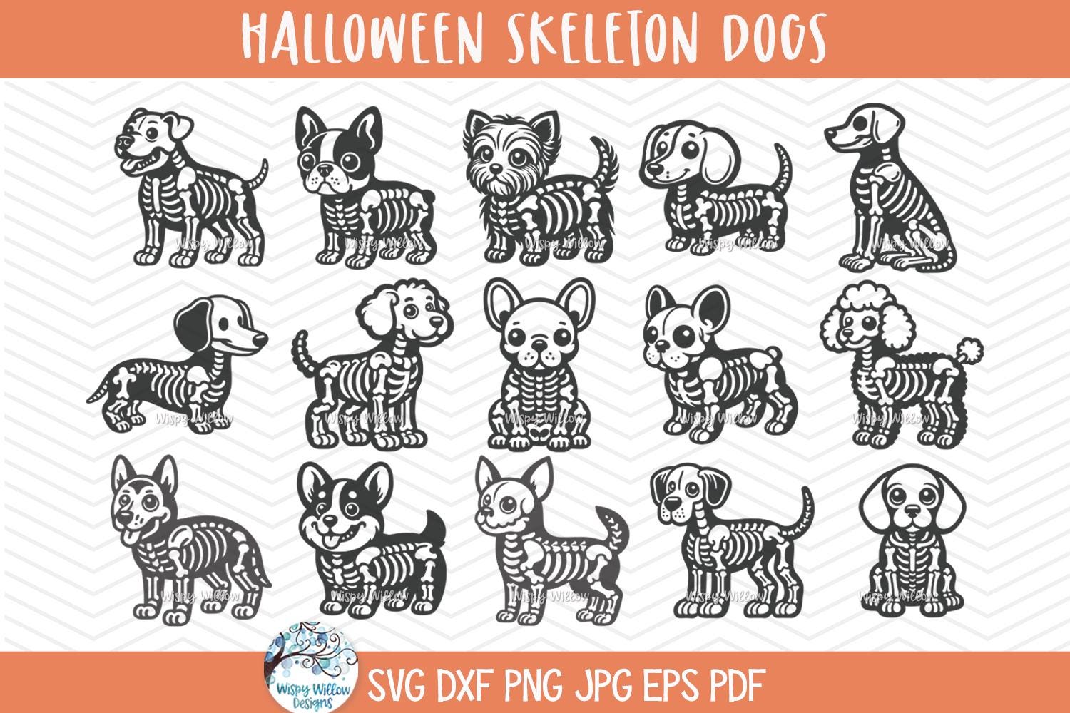 Dog Skeleton SVG Bundle for Cricut, Dog Breeds, Golden Doodle, Yorkie, Pitbull, Corgi, Great Dane, French Bulldog, Husky Funny Halloween PNG