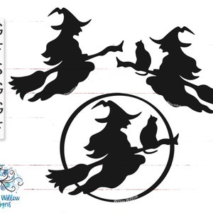 Flying Witch SVG for Cricut, Witch on Broom with Cat Clipart JPG, Fall Halloween Shirt Design PNG, Cute Witch Silhouette, Spooky Halloween