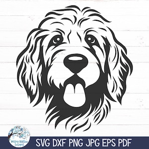 Golden Doodle SVG, Clipart PNG de visage de chien Labradoodle, Silhouette de chien Doodle, fichier sticker vinyle pour Cricut, tête de chien mignon dessin JPG Dxf