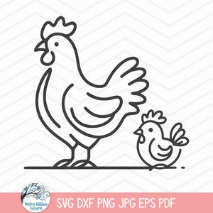 Poulet SVG pour Cricut, poule et bébé poussin Doodle Clipart PNG JPG, dessin au trait poulet, animaux de la ferme, ferme, vie à la ferme rustique, minimaliste