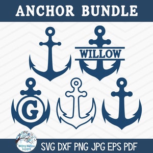 May include: A set of five blue anchor SVG cut files. The anchors are in different styles, including a simple anchor, an anchor with a circle around it, and an anchor with a banner that says "WILLOW".