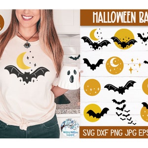 Halloween Bats SVG Bundle dla Cricut, Bats with Moon and Stars, Celestial Magic T-shirt Designs, Vinyl Decal File for Silhouette