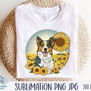 Australian Cattle Dog Sublimation Png, Dog with Sunflowers, Floral Pet Dog Cartoon Drawing JPG, Retro Cute Puppy Outdoor Printable