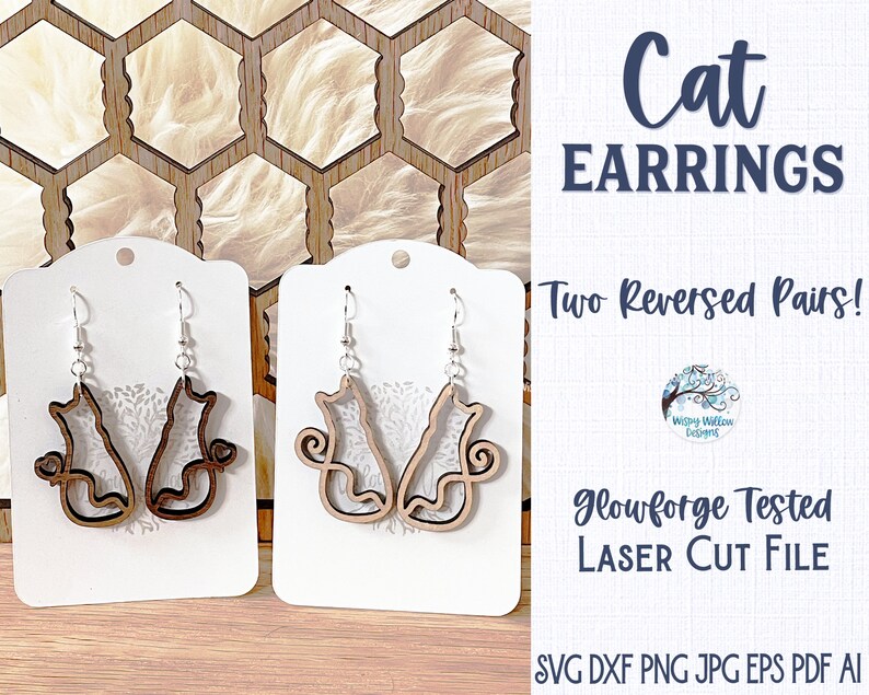 Cat Earring File for Glowforge Laser Cutter, Cat Line Drawing with Heart Tail Wood Earring, Xtool Pet Jewelry, Animal Laser Cut Earring File image 2