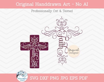 May include: A digital graphic design featuring a dark purple cross shape with the word faith written in a cursive script, accompanied by a matching dark purple line art version of the same cross design with ornate scrollwork and flourishes.