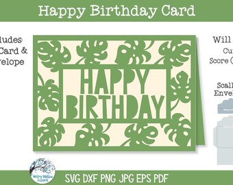 Happy Birthday Monstera Leaf Birthday Card SVG File for Cricut, Tropical Plant Lover Greeting Card and Envelope Gift, Papercut, Cardstock