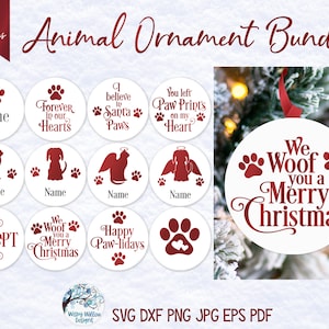 May include: A digital bundle of 12 circular animal ornament designs in deep red on white backgrounds. The graphics feature paw prints, silhouettes of cats and dogs, and holiday text including We Woof you a Merry Christmas and Happy Paw-lidays.
