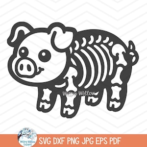 Puede incluir: Ilustración en blanco y negro de un cerdo de dibujos animados con un esqueleto en su interior. El cerdo está mirando hacia el lado derecho de la imagen.