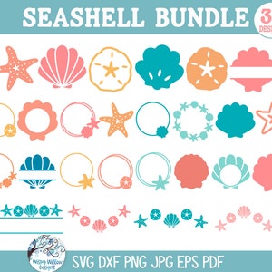 Puede incluir: Un conjunto de 34 diseños digitales con temática de conchas marinas, que incluyen conchas, estrellas de mar, dólares de arena y coronas. Los diseños son de varios colores, incluyendo rosa, azul, verde y naranja. Los diseños son perfectos para manualidades, scrapbooking y otros proyectos creativos. SVG DXF PNG JPG EPS PDF
