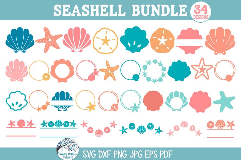 May include: A set of 34 seashell-themed digital designs, including seashells, starfish, sand dollars, and wreaths. The designs are in various colors, including pink, blue, green, and orange. The designs are perfect for crafting, scrapbooking, and other creative projects.  SVG DXF PNG JPG EPS PDF