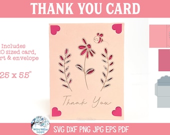 Thank You Card SVG for Cricut, Daisy Flower with Bee Card, Papercut R20 Card and Envelope, Pretty Floral Cardstock Insert Greeting Card
