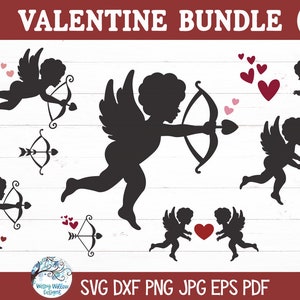 Valentine Cupid SVG Bundle for Cricut, Cute Baby Cupid Silhouette with Bow and Arrow PNG Clipart, Happy Valentine&#39;s Day, Cut Files, JPG