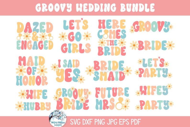Groovy Wedding SVG Bundle for Cricut, Retro Groovy 70s Bridal Party Shirt Designs PNG, Funny Bride, Bachelorette Party, Bridal Shower JPG image 2