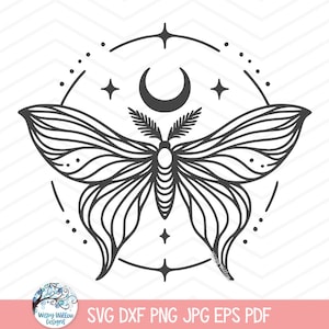 May include: A black and white line drawing of a moth with intricate wings, a crescent moon, and stars inside a circle.