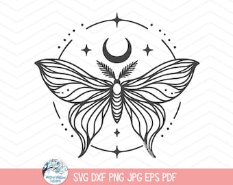 Luna Moth SVG for Cricut, Boho Witchy Moth Illustration Clipart PNG, Magical, Celestial Animal Insect, Witchcraft Shirt Design JPG, Cut File