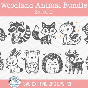 Pacchetto SVG animali del bosco per Cricut, Baby Shower PNG, tartaruga, procione, volpe, drago, rana, gufo, coniglietto, orso, riccio, file di taglio cervo