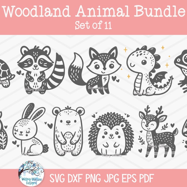 Woodland Animal SVG Bundle for Cricut, Baby Shower PNG, Turtle, Raccoon, Fox, Dragon, Frog, Owl, Bunny Rabbit, Bear, Hedgehog, Deer Cut File