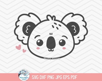 May include: A black and white line drawing of a cute koala with big eyes and a small nose. The koala is surrounded by two pink hearts.