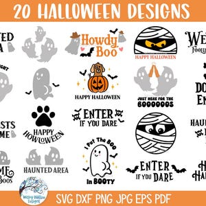 Paquete de archivos SVG de Halloween para Cricut, frases divertidas y espeluznantes de Halloween en formato PNG, "Espero que hayas traído sustos", "Zona embrujada", "Momia", "Hola, Boo, vaquero fantasma" en formato JPG.