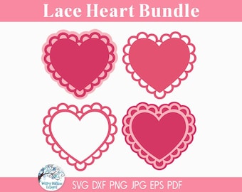 Lace Heart SVG Cut File Bundle for Cricut, Scallop Lace Heart Doily Clip Art PNG JPG, Valentine's Day Love Heart Tag, Glowforge Laser Svg