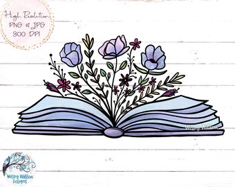 Florales Buch PNG, Buch mit Blumen Sublimation PNG, Buch mit Blumen wachsen, Vintage Buch, lesen, lesen, druckbare Buchkunst, Sublimation