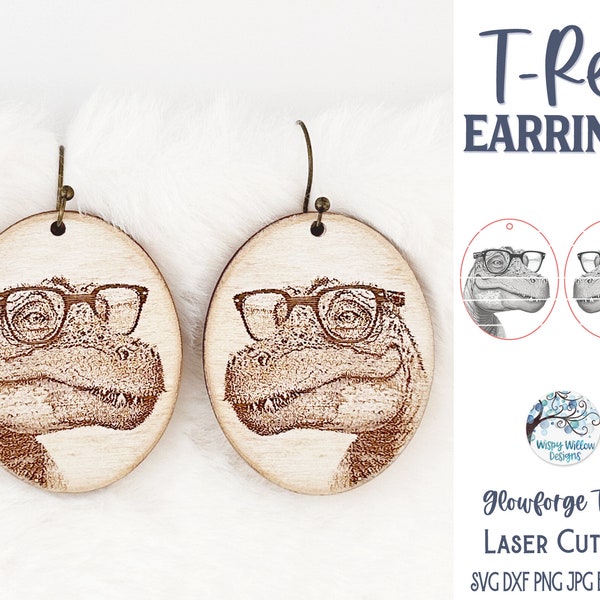 T Rex Dinosaur Earring SVG File for Glowforge or Laser Cutter, Tyrannosaurus Rex Dino with Glasses, Funny Animal Engraved Jewelry Download