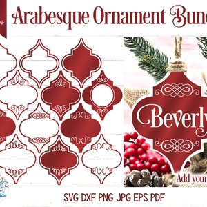 May include: A set of 12 red and white arabesque ornament SVG cut files. The ornaments are in the shape of a quatrefoil and have a decorative border. The text "Beverly" is on one of the ornaments. The text "Add your name!" is at the bottom of the image.