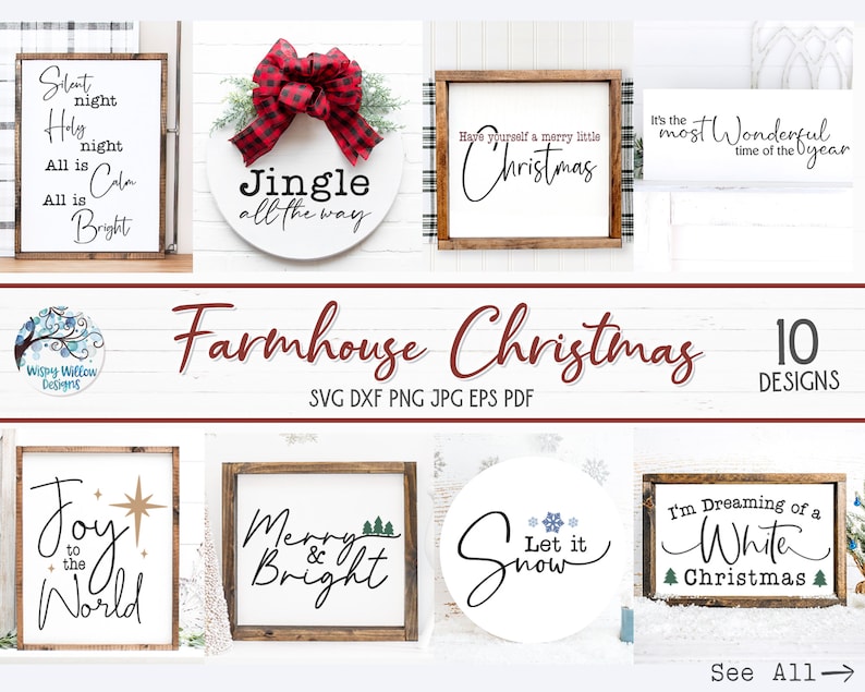 May include: A collection of ten digital Christmas sign designs featuring black typography on white backgrounds, including phrases like Silent Night, Jingle all the way, Have yourself a merry little Christmas, Joy to the World, and Let it Snow.