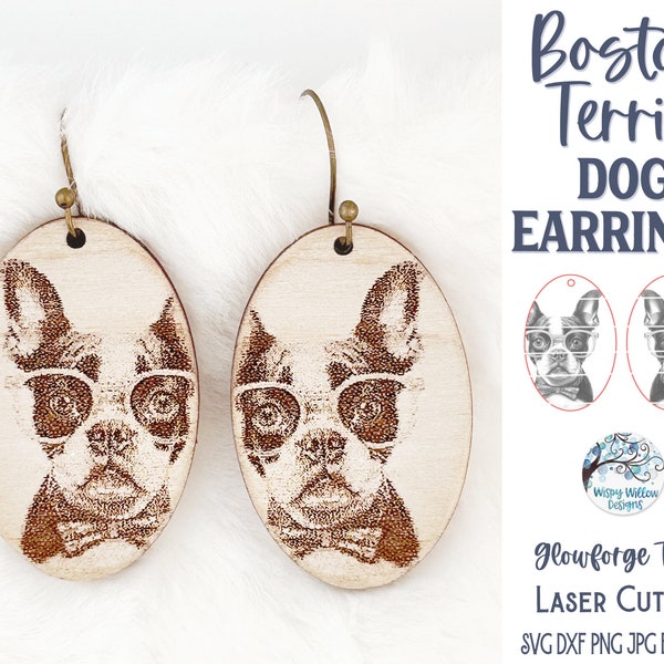 Boston Terrier Dog with Glasses Earring SVG File for Glowforge or Laser Cutter, Funny Pet Engraved Jewelry, Cute Animal Digital Download
