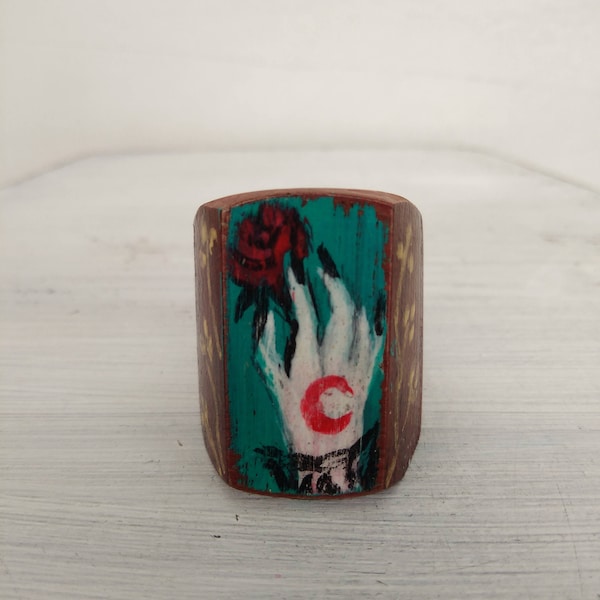 Wicca ring, witch hand, fortune teller hand, hand tattoo, red moon, wooden ring.