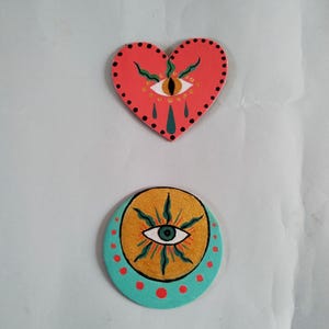 Hand painted artistic magnets, eye in heart, moon with eye