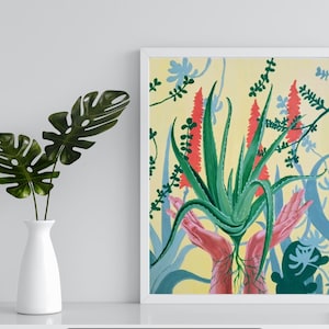 Aloe vera, illustration original art, acrylic on canvas, hand painted wall art, .