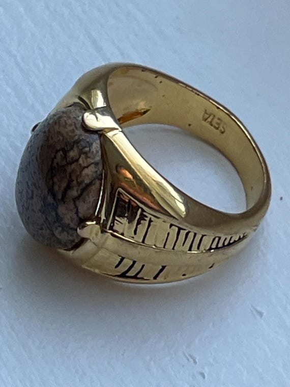Gold Cabochon statement ring - brown stone - cost… - image 3