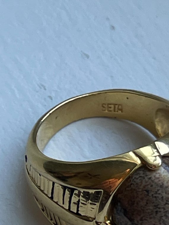 Gold Cabochon statement ring - brown stone - cost… - image 4